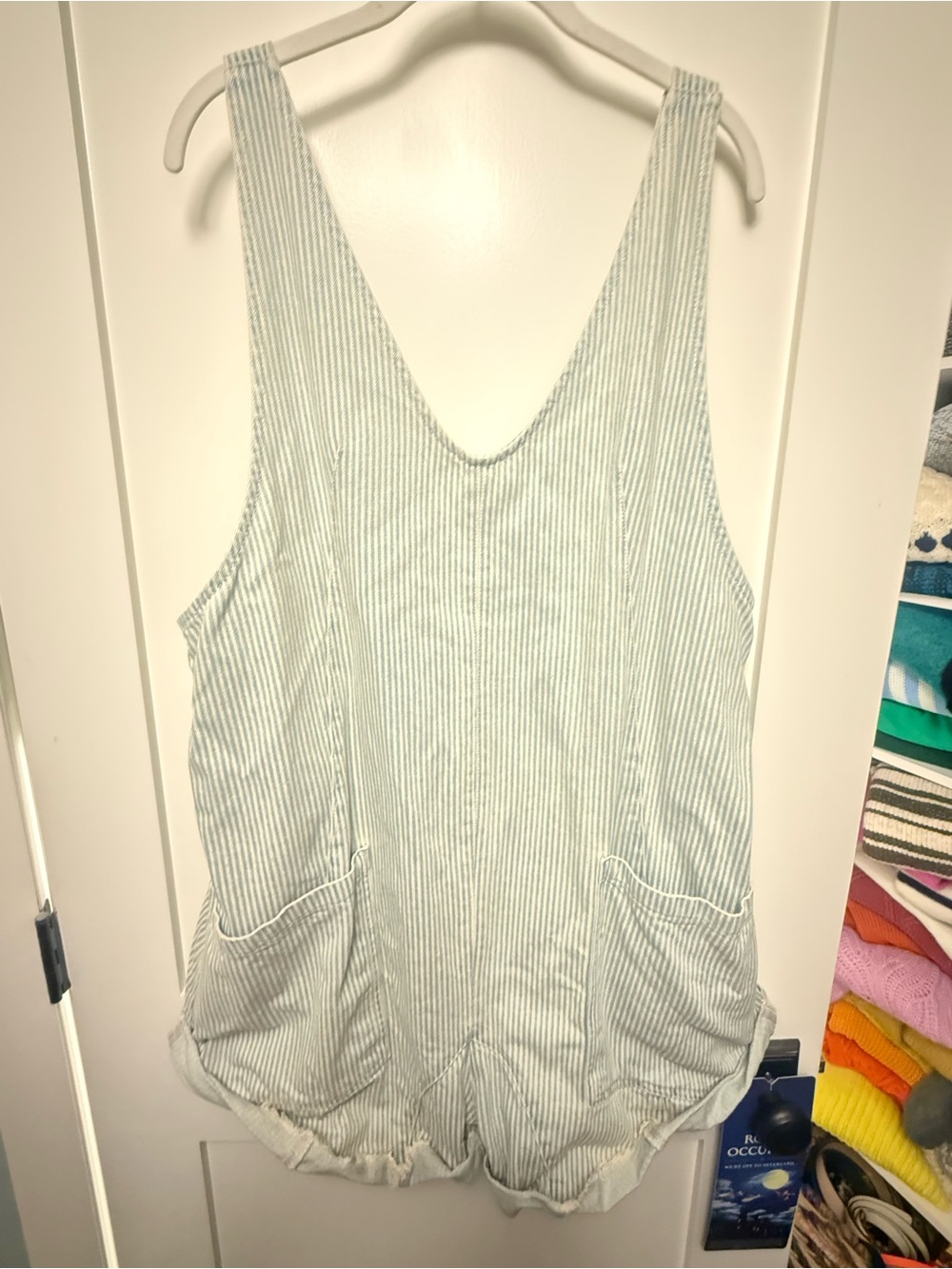 We The Free Light Blue & White Striped Denim Tank Romper